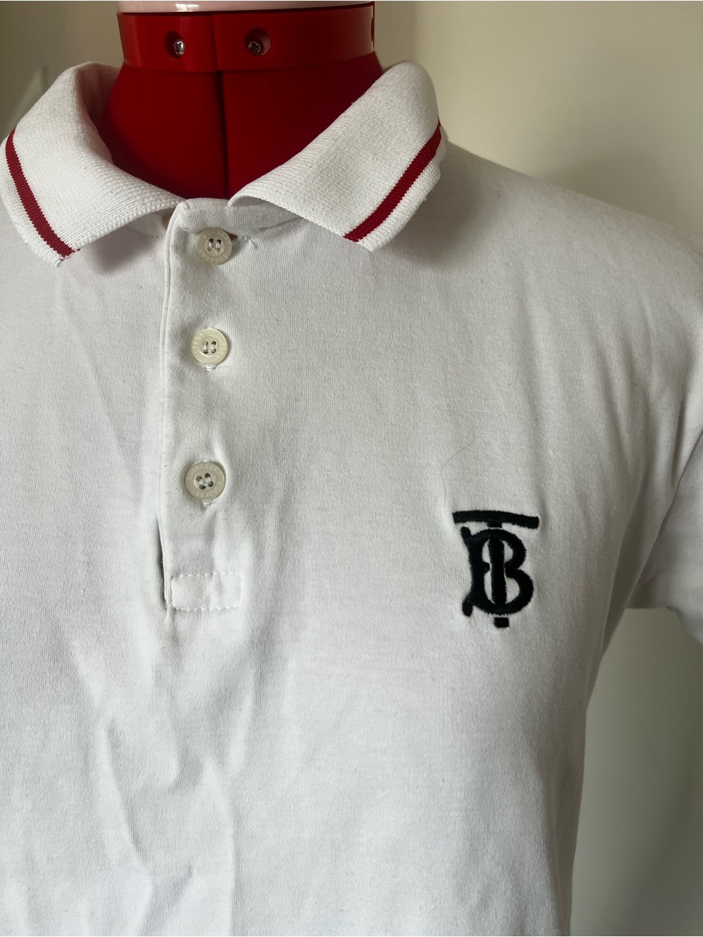 Burberry men White Polo with Red Collar Trim and Navy Logo